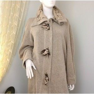 Linda Lundström Over Coat Sz 8 Vtg Knit Mid Length Ruffle Collar Recycle Cotton